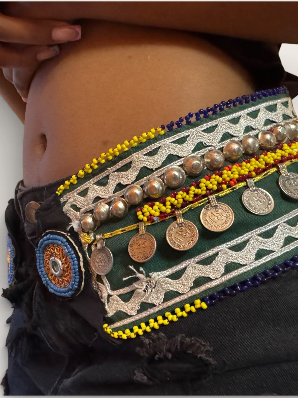 Vtg 90s Afghan Kuchi Tribal Belt Coin Beaded Waist Sash Sz M Handmade Boho